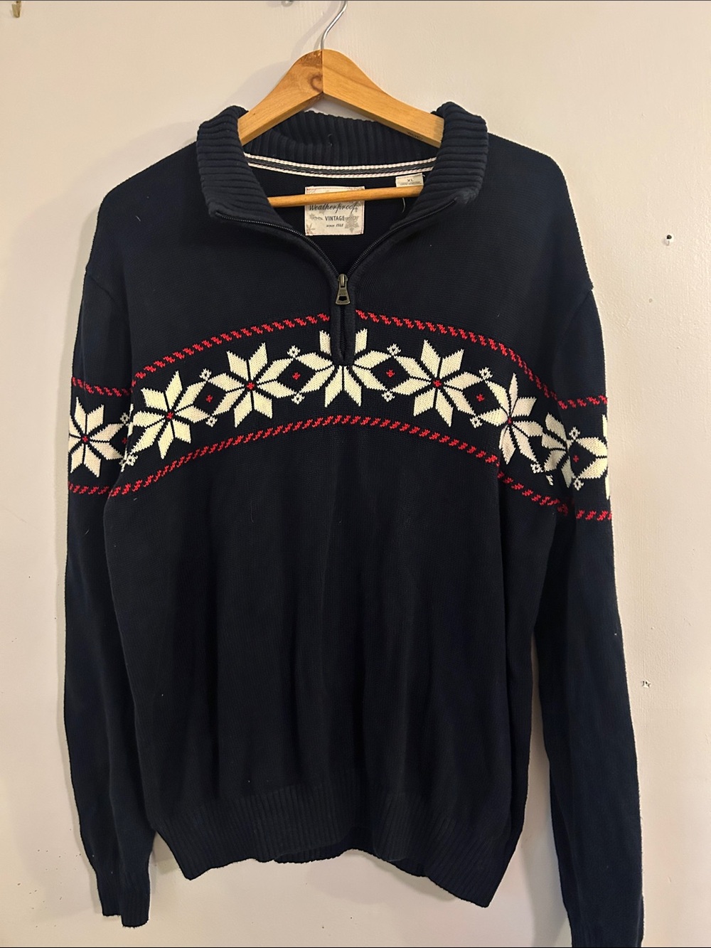 Weatherproof Navy Zip-Up Sweater with White & Red Snowflake Band
